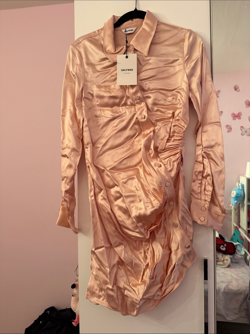 GRLFRND Blush Pink Satin Ruched Shirt Dress